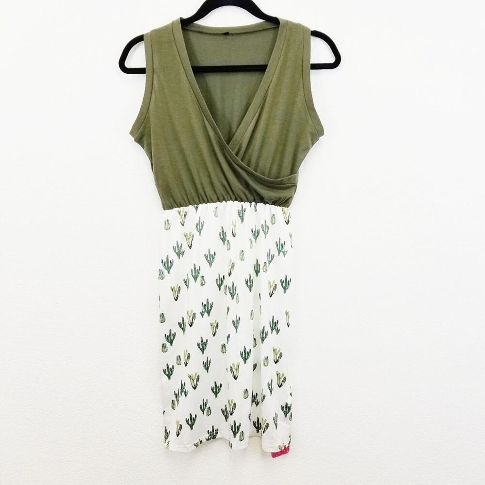 Pat Pat Cactus Faux Wrap Dress Desert Green White Kawaii Junior Medium